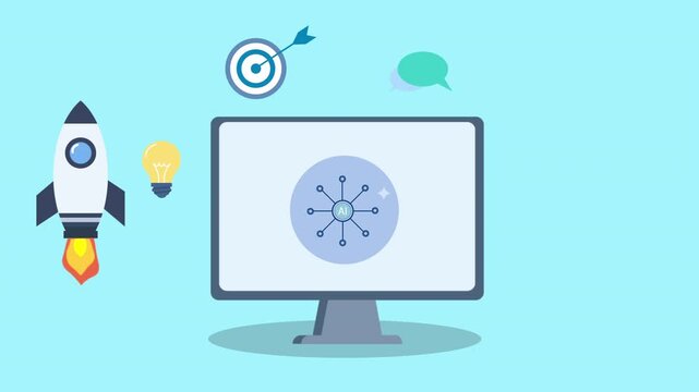 Flat illustration of a desktop screen with innovation hub icon, rocket, target, lightbulb, and chat symbol, representing startup growth, creative marketing, digital strategy, and business success.

