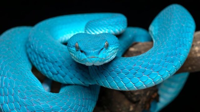 Close-up of a vibrant blue pit viper coiled on a branch with a dark background
