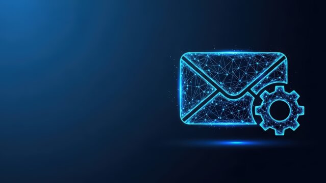 Abstract glowing digital envelope icon representing email and online communication in a futuristic blue network