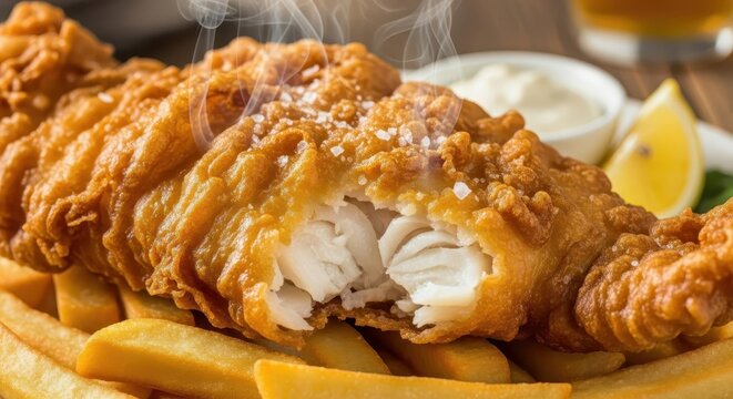 Deep fried battered seafood rests atop a bed of golden fried potato strips with seasoning visible