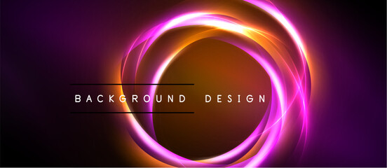 Abstract neon circles over dark background. Vibrant orange, purple hues create dynamic visual effect. Text reads background design.