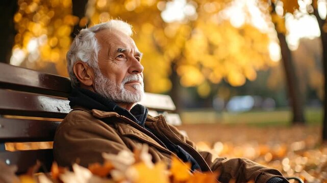 Elderly man with white beard sits on park bench surrounded by autumn leaves