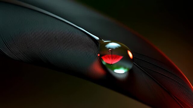 Water droplet reflection on feather with abstract colors close-up