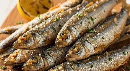 Obraz premium Pile of whole fried small fish seasoned with salt and herbs rests near a grilled citrus slice on a wooden surface.