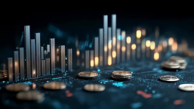 3D infographics for business presentation with neon glowing charts, bars and pie diagrams.