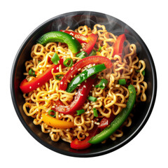 Delicious Steaming Bowl of Noodles with Colorful Bell Peppers and Fresh Herbs