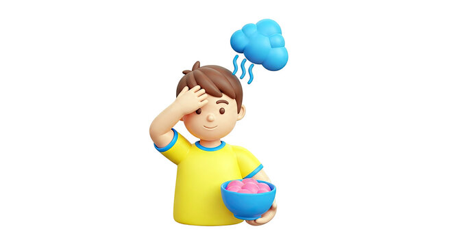 Boy with cloud of steam over head holding bowl of pink objects
