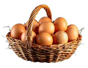 A rustic basket brimming with fresh brown eggs against a dark, contrasting backdrop