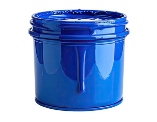 A close-up studio shot of a cylindrical blue container filled with vibrant glossy paint