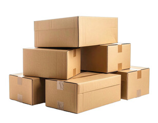 A stack of corrugated cardboard boxes, of varying sizes, against a blurred background
