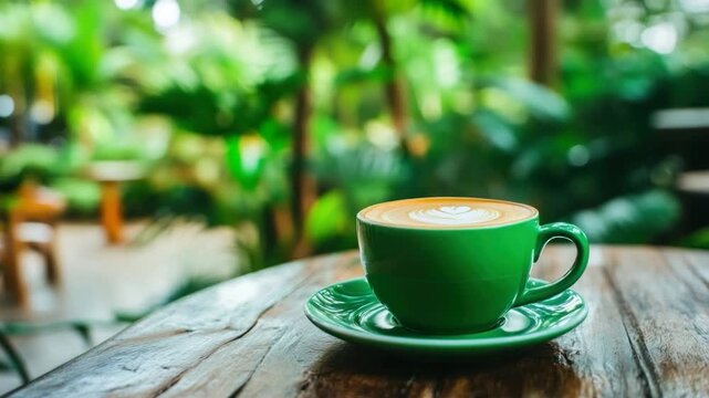 A vibrant green coffee cup with latte art sits on a wooden table, with a lush green garden backdrop