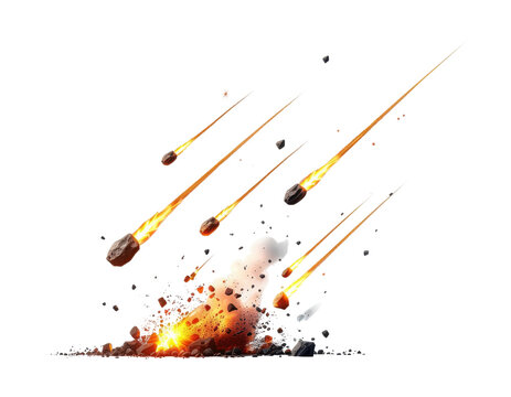 Falling Meteors Creating Explosions and Fire During Impact on the Earth's Surface