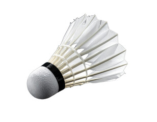 A close-up, studio shot of a white badminton shuttlecock set against a black background