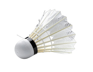 A close-up shot of a badminton shuttlecock featuring a white, rounded head and feather base