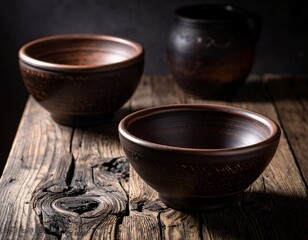 Rustic pottery bowls and jug on weathered wooden surface
