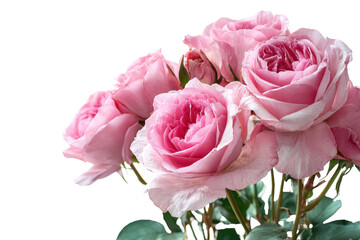 Obraz premium Delicate pink roses bouquet isolated on transparent background. Delicate pink roses bloom with lush petals and green stems isolated on white background.
