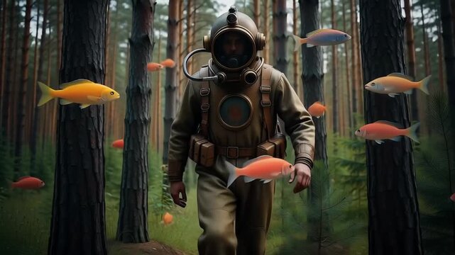 Underwater explorer in surrounded fish