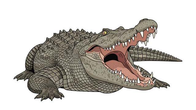 Powerful crocodile lies with its mouth wide open exposing sharp teeth in a realistic nature illustration on a white background.