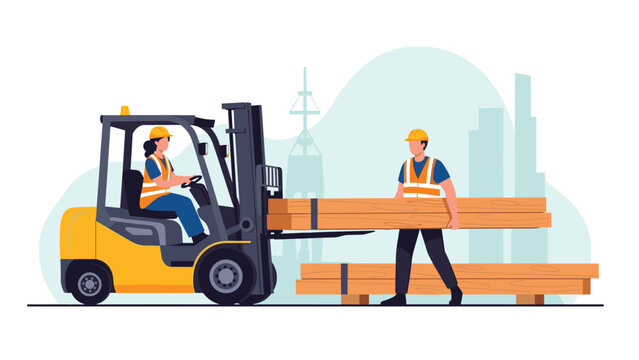 Construction workers operate a yellow forklift to move and organize large stacks of wooden lumber planks at a busy industrial site.