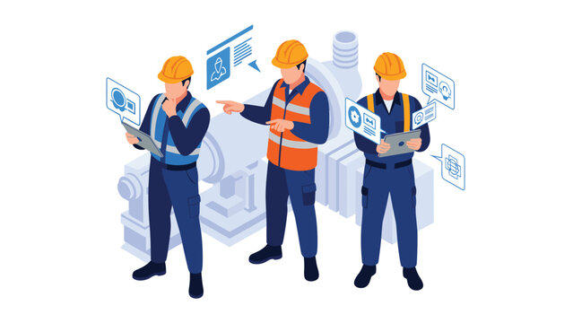 Group of isometric industrial workers in safety gear analyze machinery data on digital tablets in a modern factory setting.