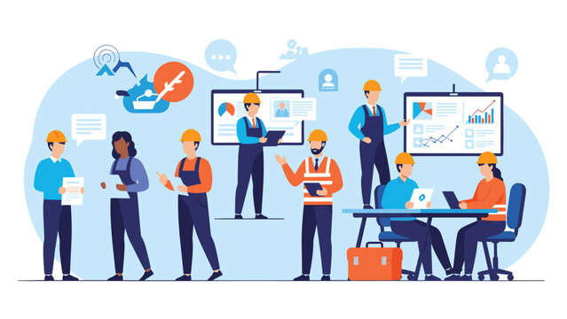 Diverse group of industrial professionals and technicians work together in a modern high-tech warehouse and factory setting.