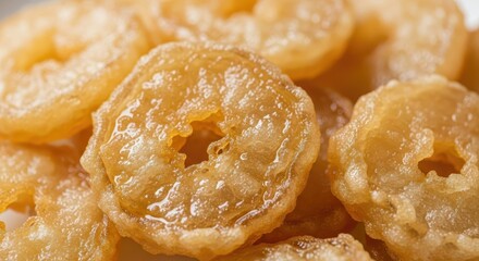 Golden brown fried dough pastries glistening with syrup are piled together for a close up view.