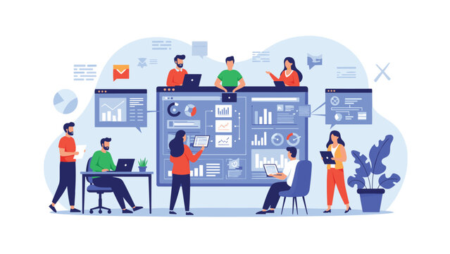 Collaborative team of analysts working together in a modern office with large data dashboards and digital screen displays.