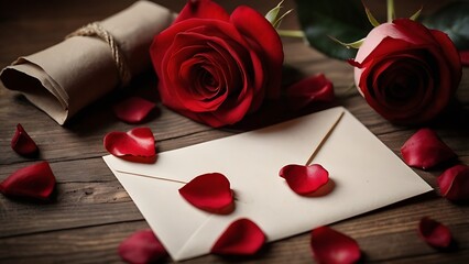 Romantic still life of a handwritten love letter with red wax seal and rose petals, symbolizing valentine affection and timeless love in warm cinematic light.
