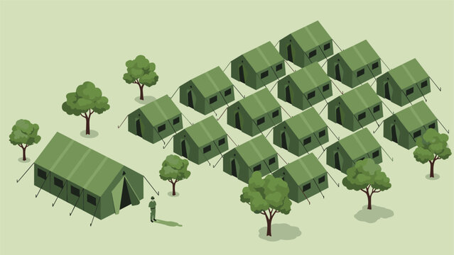 Military base camp with several rows of olive green tents and small green trees on a vast open field during the daytime.