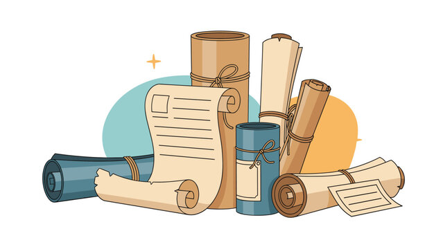 Pile of old fashioned paper scrolls and rolled antique parchments tied with strings for historical or literary themes.