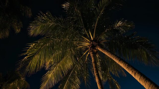 A low-angle shot of palm tree(s) against a dark blue gradient sky, lit up at night