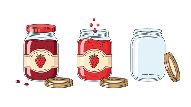 Set of strawberry jam glass jars illustrating the process of filling and packaging delicious homemade fruit preserves for storage.