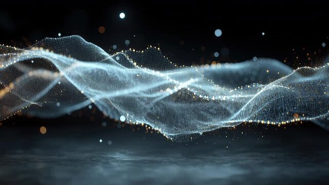 Glowing Digital Energy Wave Flowing Through Dark Space With Floating Particles