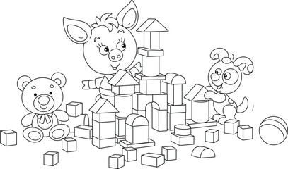 Obraz premium Happy little piglet playing with colorful bricks and building a fancy castle in a playroom, black and white outline vector cartoon illustration for a coloring book