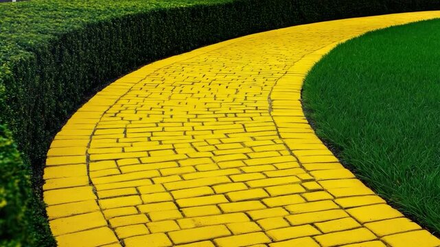A vibrant yellow brick road curves through a green grassy landscape, bordered by a dense, verdant hedge