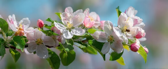 Obraz premium The Apple Blossom Branch with Bee in Soft Pastel Spring Light