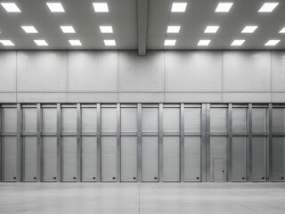 Large industrial storage facility with metal doors and lighting