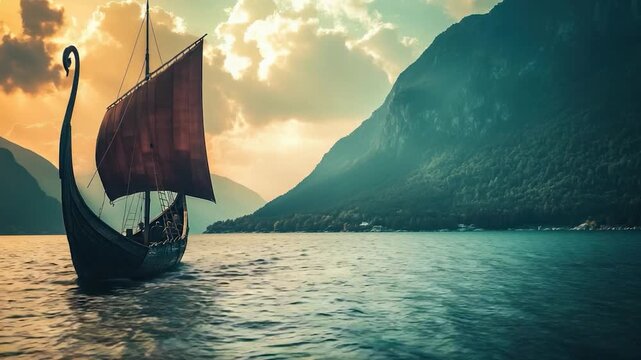 A Viking ship sails on a tranquil lake with mountains and a sunset sky