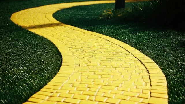 A winding yellow brick road curves through vibrant green grass, beckoning the viewer onward