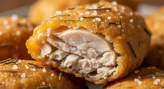 Crispy deep fried savory morsels seasoned with coarse salt and herbs are cut open to show tender white meat inside