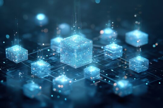 Blockchain ecosystem concept with interconnected digital cubes and nodes