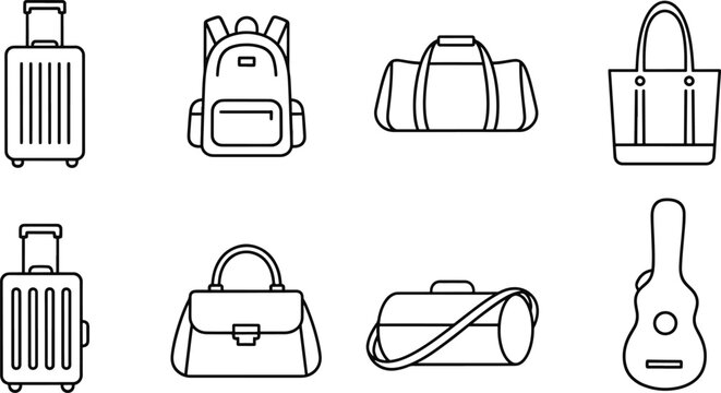 Travel luggage and various bag icons set for journey planning theme