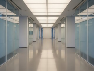 Naklejka premium Long empty office corridor with glass walls and white columns and shiny floor