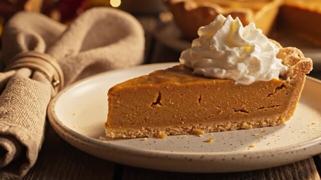 A delectable slice of creamy, golden-hued dessert pie, beautifully presented on a rustic speckled plate. It is generously topped with a swirl of fluffy white whipped cream, adding an irresistible touc