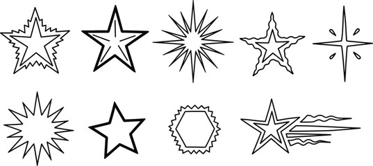Fototapeta premium Various linear star icons and sparkle shapes collection vector set