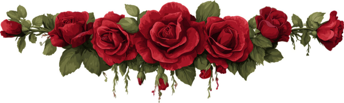 A long arrangement of red roses with leaves, in clip art style.
