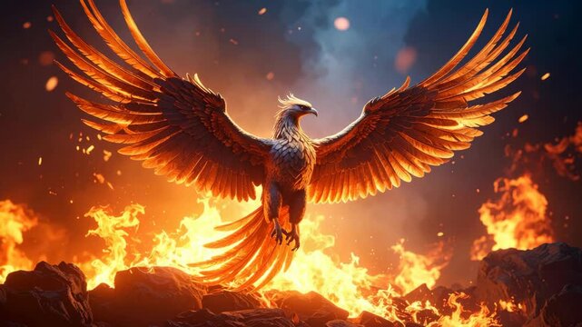 Mythical phoenix bird with outstretched wings amidst roaring flames and embers