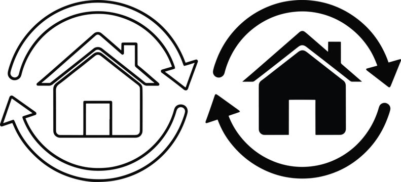 Home icon with arrows symbol for real estate refinance and turnover