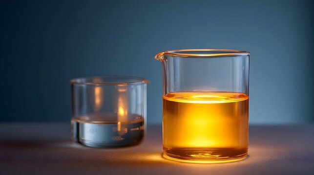Brightly glowing yellow liquid in a laboratory beaker contrasts with a clear solution under soft lighting