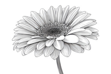 Detailed black and white drawing of a gerbera daisy flower isolated on transparent background. Line art gerbera daisy flower illustration detail isolated on white background.